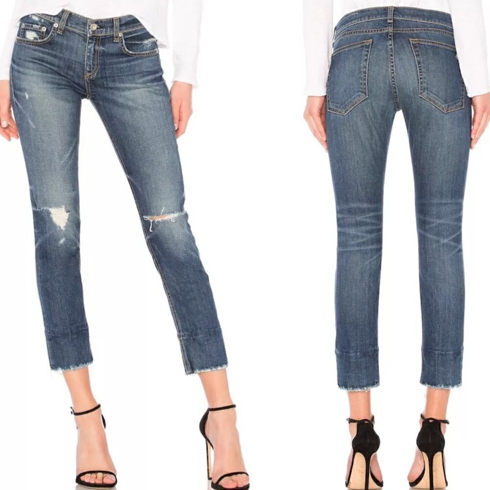 RAG & BONE Dre Capri JEANS ~ Distressed Deville Blue Denim Size 27